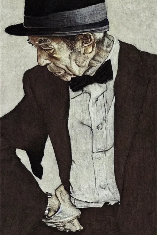 Prompt: “portrait of Leonard Cohen, impeccably dressed, wearing trilby hat, by norman Rockwell”