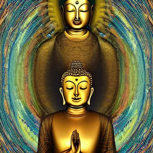 Image similar to An incredibly huge and influential statue of buddha found after years of contemplating, travelling and exploring in lucid dreams finally leading towards the answer to the question you didn't even know you had, digital art, fantastical details, amazing artwork, award winning