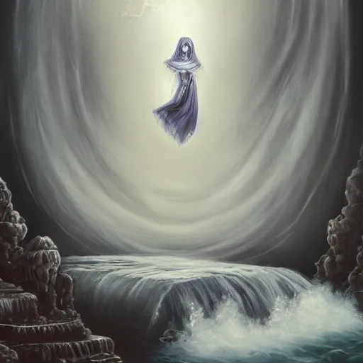 Image similar to ominous bedsheet ghost floating above a waterfall, oil painting, brush strokes, gloomy foggy atmosphere, symmetrical, full body image, highly ornate intricate details,