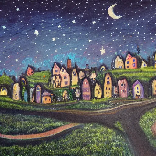 Prompt: a painting of a small village with crooked wooden houses designed by Tim Burton, the village is on a hill, the sky is dark with stars shining through, 4K,