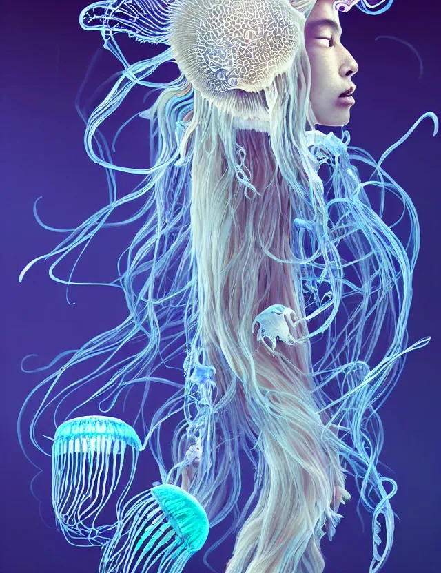 Image similar to 3 d goddess jellyfish half - turn portrait with long hair with ram skull. beautiful intricately detailed japanese crow kitsune mask and clasical japanese kimono. betta fish, jellyfish phoenix, bio luminescent, plasma, ice, water, wind, creature, artwork by tooth wu and wlop and beeple and greg rutkowski