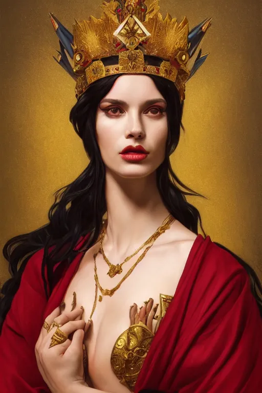 Image similar to Portrait of historically accurate, ancient biblical, sultry, sneering, evil, pagan, wicked, young queen jezebel, wearing gilded red robes, long black hair, intricate, elegant, highly detailed, digital painting, artstation, concept art, smooth, sharp focus, illustration, art by artgerm and greg rutkowski and alphonse mucha and andrei riabovitchev