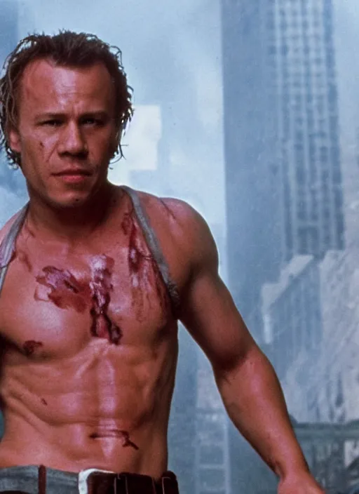 Image similar to film still of Heath Ledger as John McClane in Die Hard, 4k