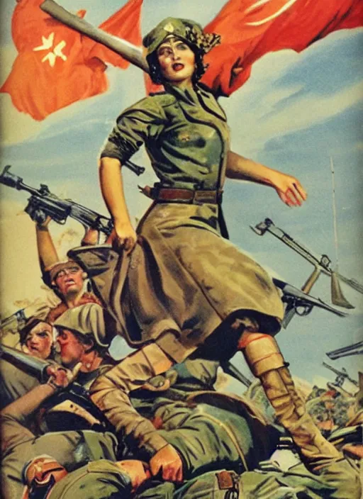 Prompt: beautiful female captain russia standing on a pile of defeated german soldiers. feminist captain russia wins wwii. soviet propaganda poster by james gurney