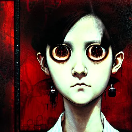 Image similar to yoshitaka amano blurred and dreamy realistic three quarter angle horror portrait of a sinister young woman with short hair, big earrings and red eyes wearing office suit with tie, junji ito abstract patterns in the background, satoshi kon anime, noisy film grain effect, highly detailed, renaissance oil painting, weird portrait angle, blurred lost edges