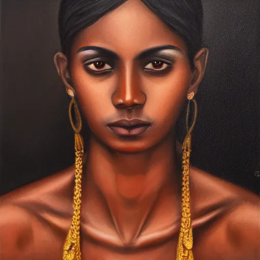 Prompt: A portrait of a thin trendy and gorgeous non-binary person, dark skin tone, Indian, oil painting, majestic, detailed, high resolution