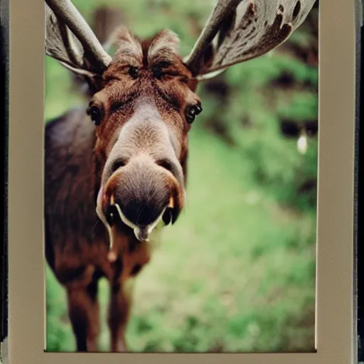 Prompt: polaroid of a moose with a mischievous smile