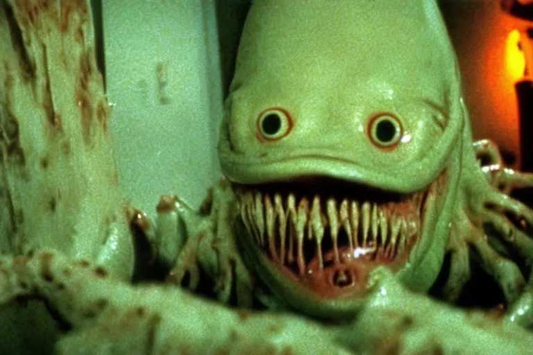 Prompt: scary filmic wide shot angle movie still 35mm film color photograph of a shape shifting horrific nightmarish abstract alien organism from The Thing 1982 spewing toxic liquid from an alien pirhana plant made out of flesh, in the style of a horror film