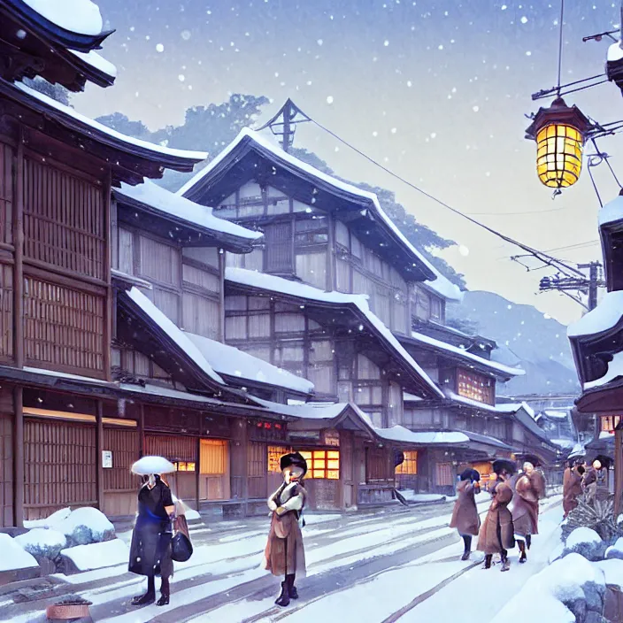 Image similar to japanese rural town, winter, in the style of studio ghibli, j. c. leyendecker, greg rutkowski, artem