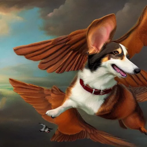 Image similar to an corgi with wings flying with birds, oil on canvas, portrait, intricate, 8k highly professionally detailed, HDR, CGsociety