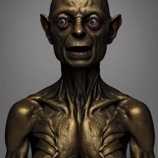 Prompt: a statue of an gollum, made of black marble with gold, perfect symmetrical face, no eyes, hyper realistic, hyper detailed, by johannen voss, by peter kemp, by monia merlo, by michelangelo, octane render, blender, 8 k