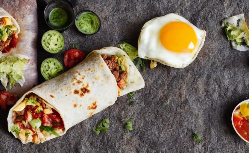 Image similar to a gigantic breakfast burrito, outdoors, food photography