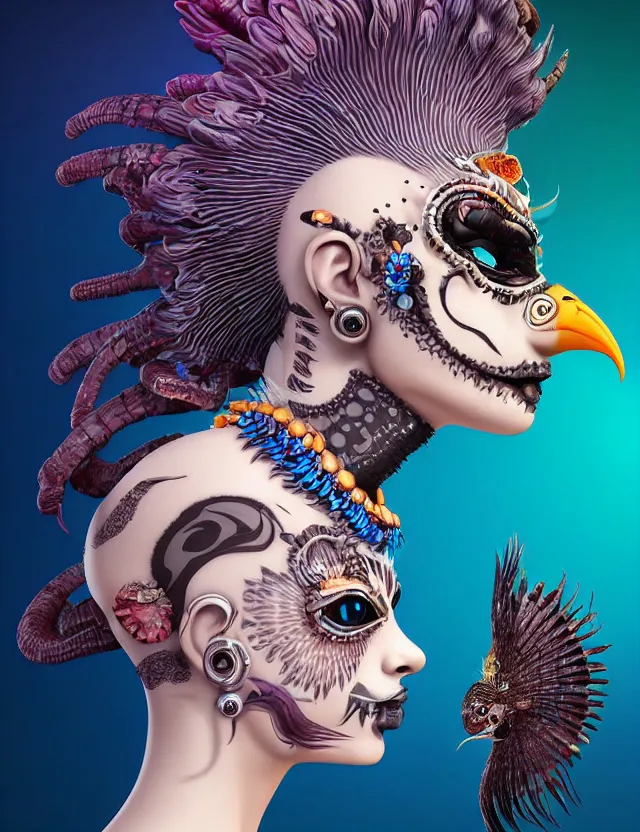 Image similar to 3 d goddess close - up profile portrait punk with mohawk with ram skull. beautiful intricately detailed japanese crow kitsune mask and clasical japanese kimono. betta fish, jellyfish phoenix, bio luminescent, plasma, ice, water, wind, creature, artwork by tooth wu and wlop and beeple and greg rutkowski