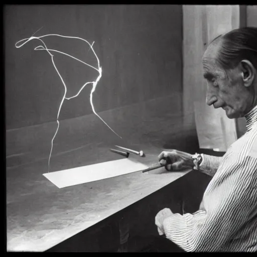 Image similar to a long exposure shot of Marcel Duchamp working on a readymade object, archival pigment print