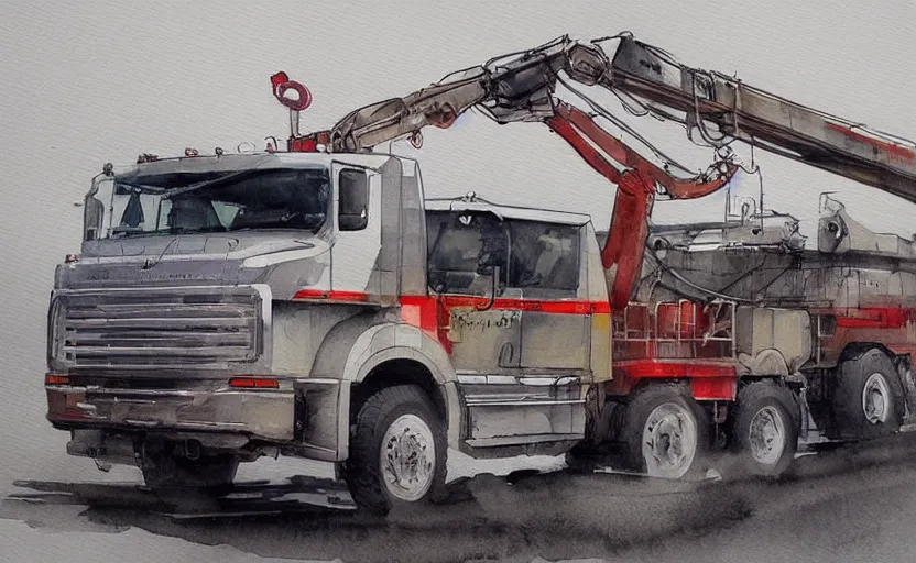 Image similar to concept art of a crane truck, pinterest, artstation trending, behance, watercolor, by coby whitmore, silver, laser light,
