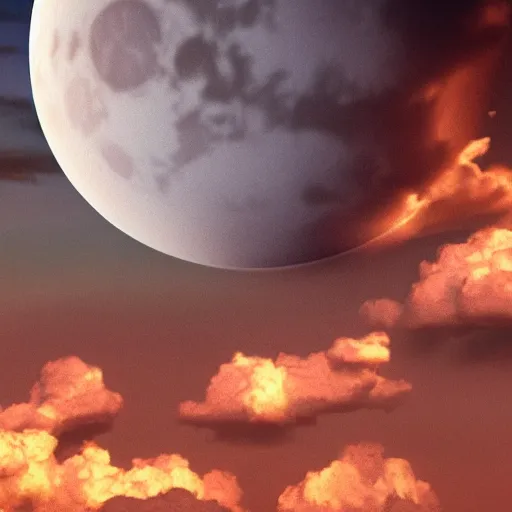 Prompt: majestic super moon hyper realistic clouds below moon octane render 4k textures