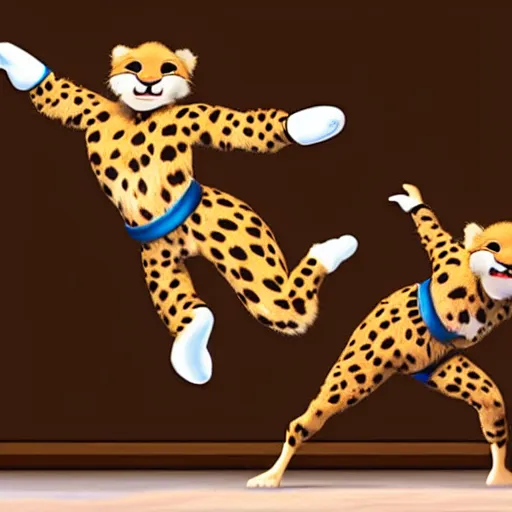 Prompt: a cheetah doing karate, pixar,