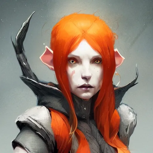 Image similar to portrait of a Short elf with grey skin, orange/red hair, elf ears, their eyes are completely yellow, they have deer like legs, and they are both masc and femme equally dramatic lighting, illustration by Greg rutkowski, yoji shinkawa, 4k, digital art, concept art, trending on artstation