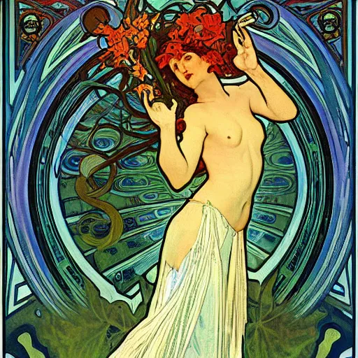 Image similar to persephone in hell, painted by alphonse mucha