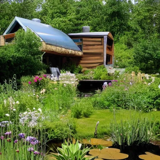 Image similar to earthship house with pond and cottage garden