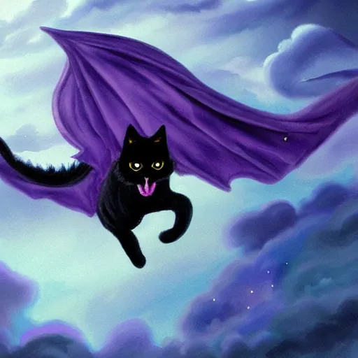 Prompt: super detailed black fluffy cat riding a purple dragon in a storm, ultrarealistic, highly detailed, soft colors