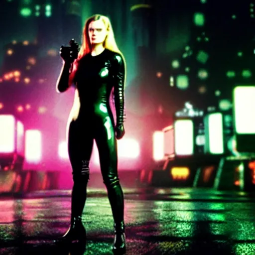 Image similar to anna paquin starring in a cyberpunk movie in a distopic futuristic city in the style of bladerunner, wearing a black catsuit, holding a gun, movie still, highly detailed, rainy night, volumetric lights, studio lighting, dramatic, scifi, sharp focus