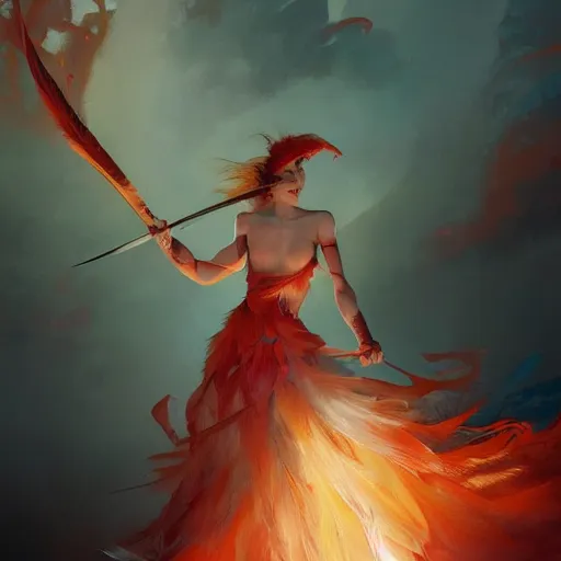 Image similar to a painting of a woman who made of curly red edges feathers is holding a sword, a digital painting by peter mohrbacher, trending on artstation, metaphysical painting, speedpainting, made of feathers, digital painting, holographic undertones, highly saturated colors, 4 k, digital art, concept art, trending on artstation