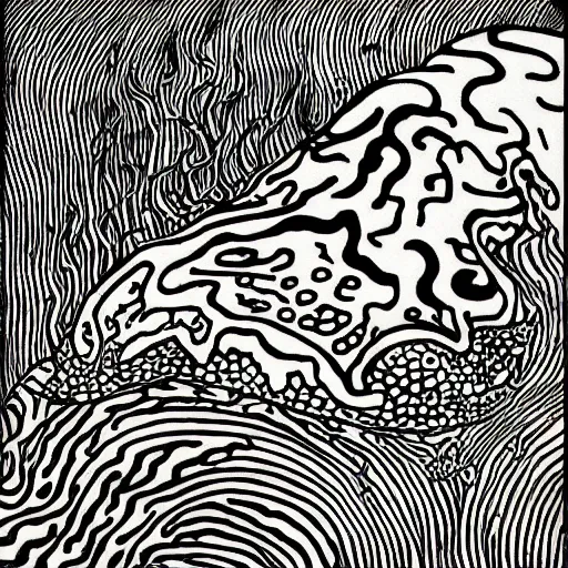 Prompt: deep camouflage angry toad evil eyes poking out eyes from under the water ultra sharp blur background simple background psychedelic contour ink drawing gustave dore katshushika Hokusai