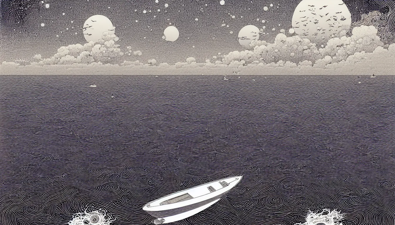 Image similar to calm sea at by nicolas delort, moebius, victo ngai, josan gonzalez, kilian eng