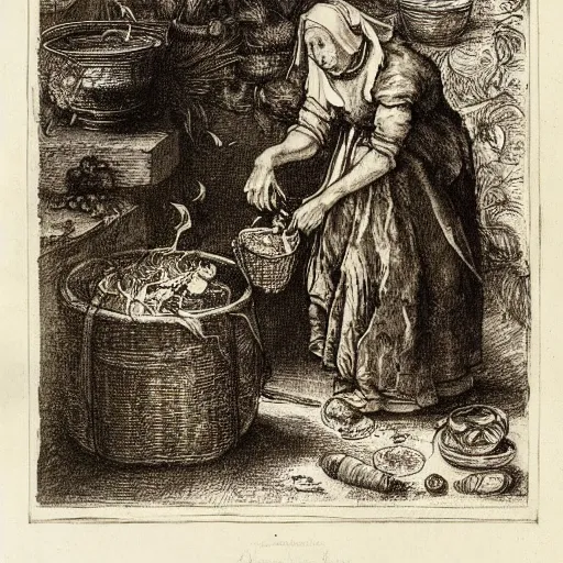 Image similar to a witch adding ingredients to her cauldron, engraving by albrecht durer