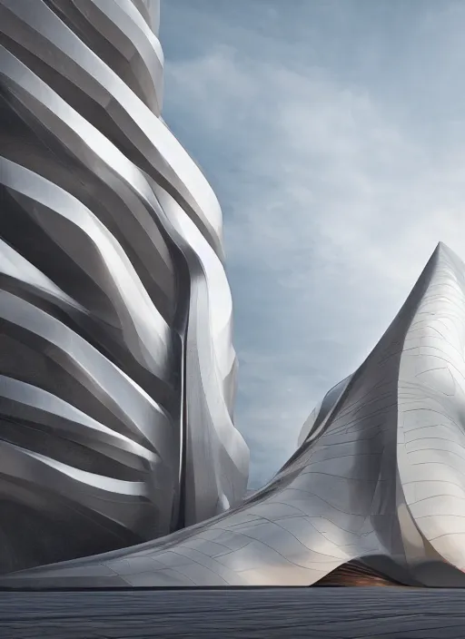 Image similar to highly detailed realistic architecture 3 d render of a metallic stele monument in zaha hadid style standing on a side of a road, archdaily, made in unreal engine 4 octane render