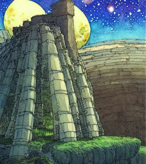 Image similar to hyperrealist studio ghibli watercolor fantasy concept art of an immense earthship solar home from howl's moving castle sitting on stonehenge like a stool. it is a misty starry night. by rebecca guay, michael kaluta, charles vess