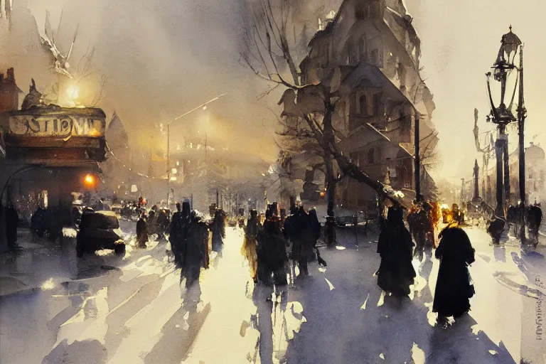 Prompt: abstract watercolor painting of stockholm street, magic diamond crystal winter, traditional, cinematic light, sharp shadows, daylight, national romanticism by anders zorn, by greg rutkowski, by greg manchess