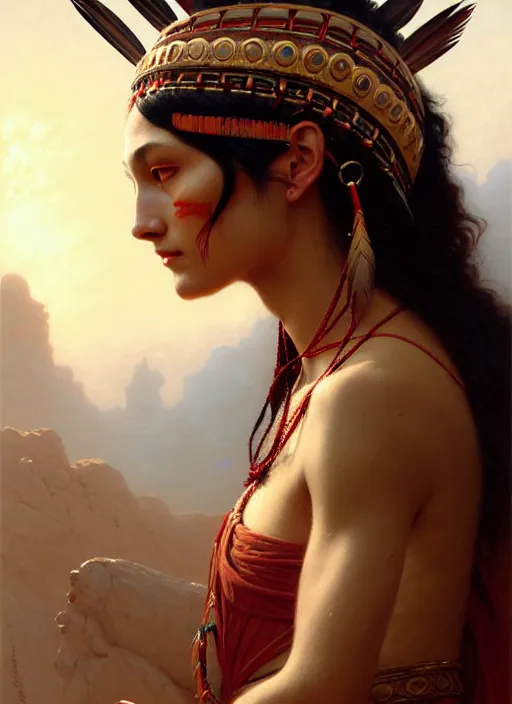 Prompt: gorgeous redskin woman wearing headdress, intricate, elegant, highly detailed, artstation, concept art, smooth, sharp focus, illustration, art by and greg rutkowski and orientalism and bouguereau