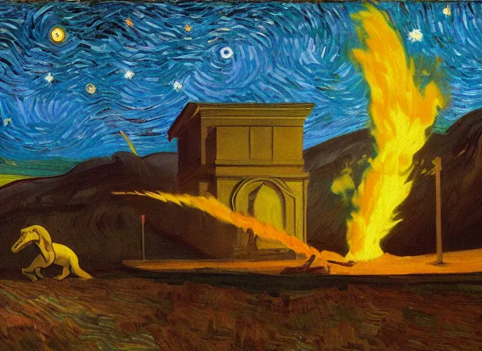 Image similar to painting of the extinction of the dinosaurs with asteroid and fire, in the style of edward hopper and vincent van gogh, dramatic lighting at dusk