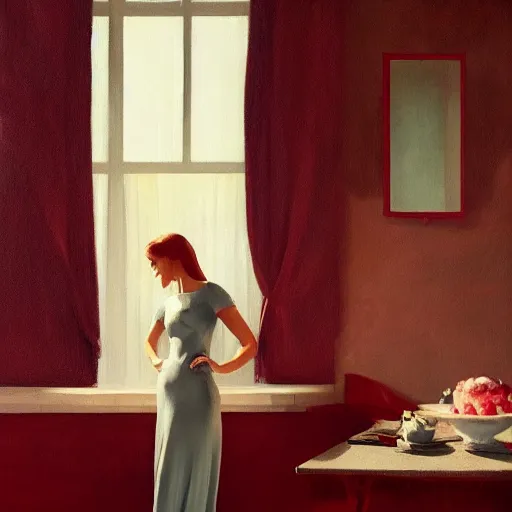 Prompt: beautiful woman in elegant clothing under soft blue light and standing in a burgundy room with vacant stare by edward hopper, arcimboldo, david lynch, greg rutkowski,, trending on artstation