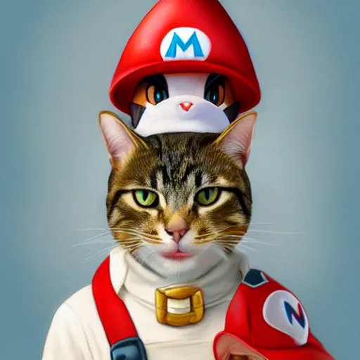 Image similar to Portrait of a Cat dressed as Super Mario, Mario hat, kawaii aesthetic, nintendo, highly detailed, digital painting, artstation, concept art, smooth, sharp focus, illustration, art by artgerm and greg rutkowski and alphonse mucha