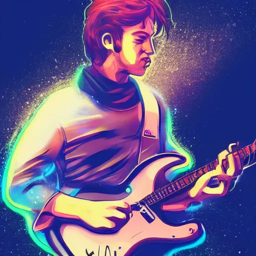 Image similar to a guitarist playing so intensely there is electricity shooting out from his guitar, energy beams under his finger tips, and magic sparkles from the freboard, amazing ditial art, trending on artstation, featured on deviantart