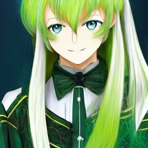 Image similar to long white hair in ponytail, tall, green and gold clothed, flower, genshin impact style, anime, 3 d anime portrait