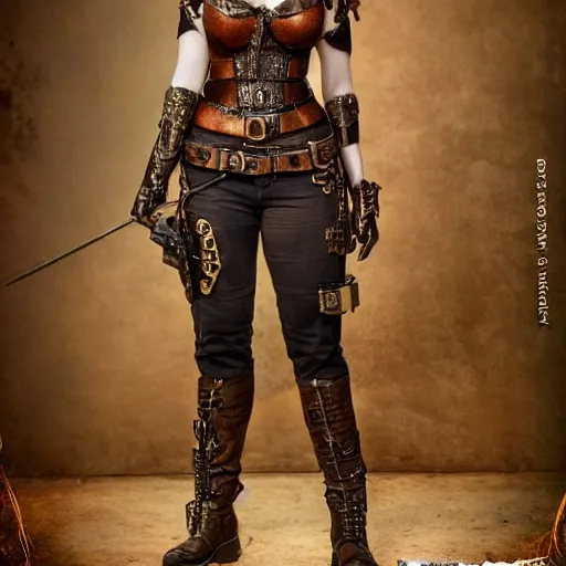 Image similar to full body photo christina hendricks steampunk warrior, highly detailed, 4k, HDR, award-winning photo