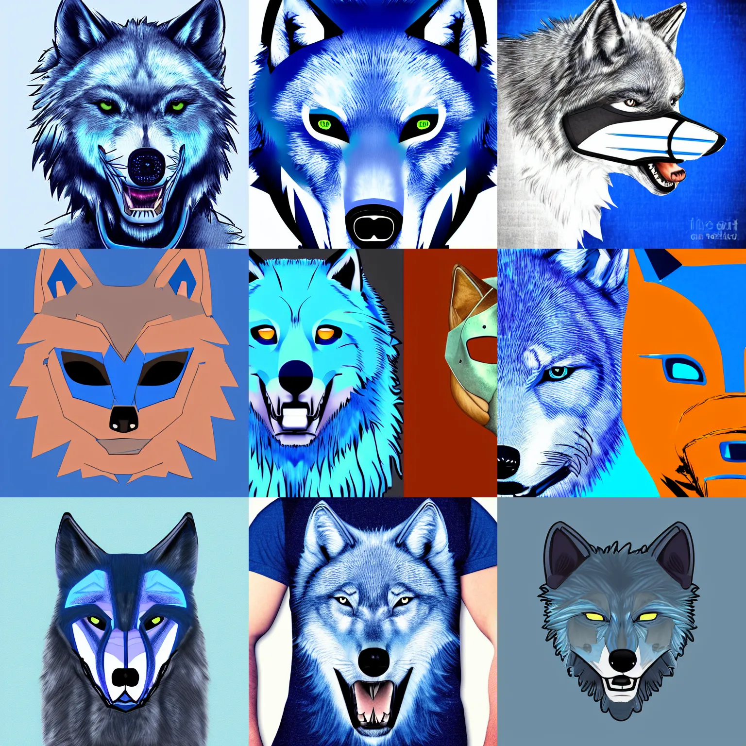 Prompt: digital art of a blue wolf in a tshirt and a robotic mask