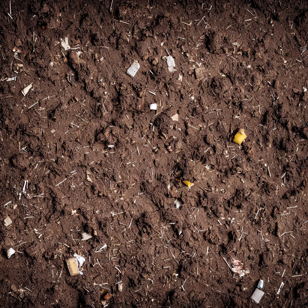 Prompt: a high camera topdown picture of nightmare horror dirt with trash, bricks, roots and mud. dark.