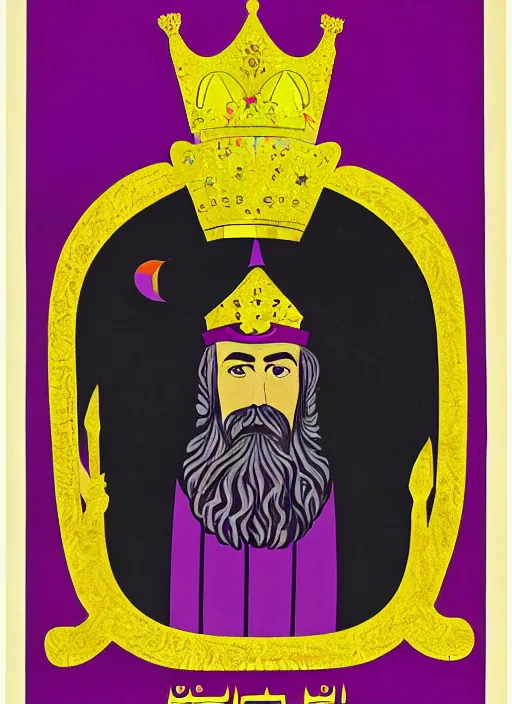 Image similar to Polish posters for Arabic king with long beard wearing purple robes, king's crown, and golden scepter. Screen printed, silkscreen, paper texture. 1968