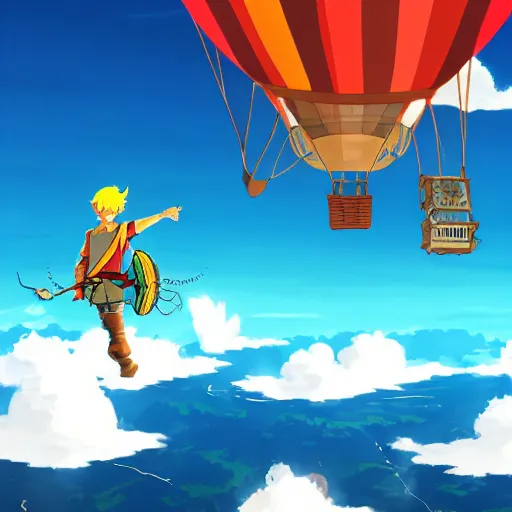 Prompt: cartoon of a ibis - headed man in a hot - air balloon floating in a sea of clouds, in the style of yusuke nakano, breath of the wild, trending on artstation, concept art, bronze age