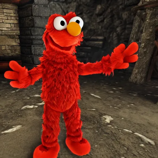 Image similar to elmo in skyrim, official screenshot, 4 k, npc, render