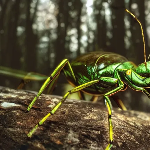 Image similar to closeup photo of human mutation into an anthropomorphic insect, in the forest. physiological transformation ; hybrid creature. highly - detailed ; photorealistic.