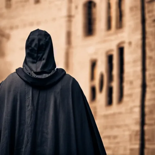 Prompt: a man in a black cloak gazing into a medieval city