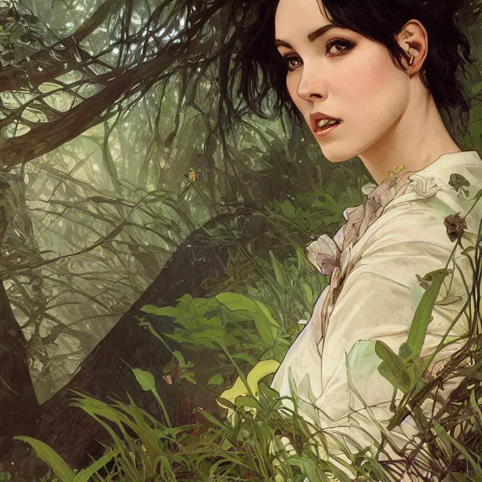 Image similar to portrait of short black hair woman in forest glade by artgerm, greg rutkowski, alphonse mucha, 8 k