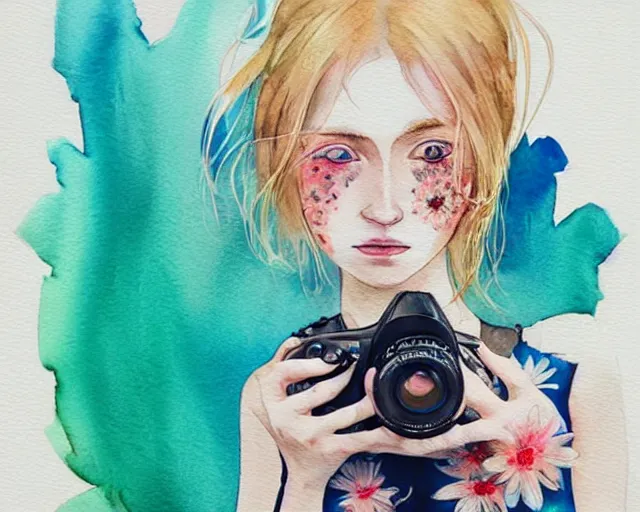 Image similar to pale young woman with bright blonde hair, freckles, big bright eyes and a very wide face, flowery dress, she is holding a professional dslr camera close to her face with her hands, expressive, surrealism, emotional watercolor art by conrad roset