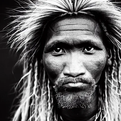 Prompt: photo, papua man with long beautiful blonde hair